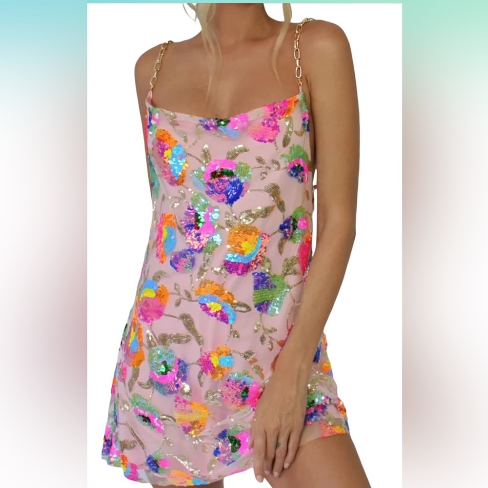pink dress with colorful sequin flowers